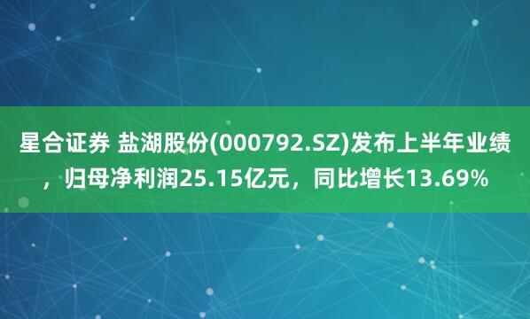 星合证券 盐湖股份(000792.SZ)发布上半年业绩，归母净利润25.15亿元，同比增长13.69%